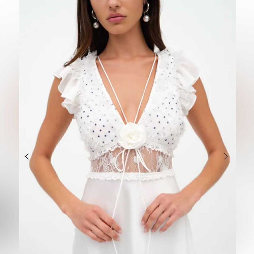 For Love And Lemons Carmen maxi dress white rosette dot print slip bridal NWT L - Picture 2 of 15